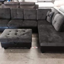 Dark Gray Sectional Sofa Grey  Microfiber Couch With Storage Ottoman And Pillows New In Packaging 