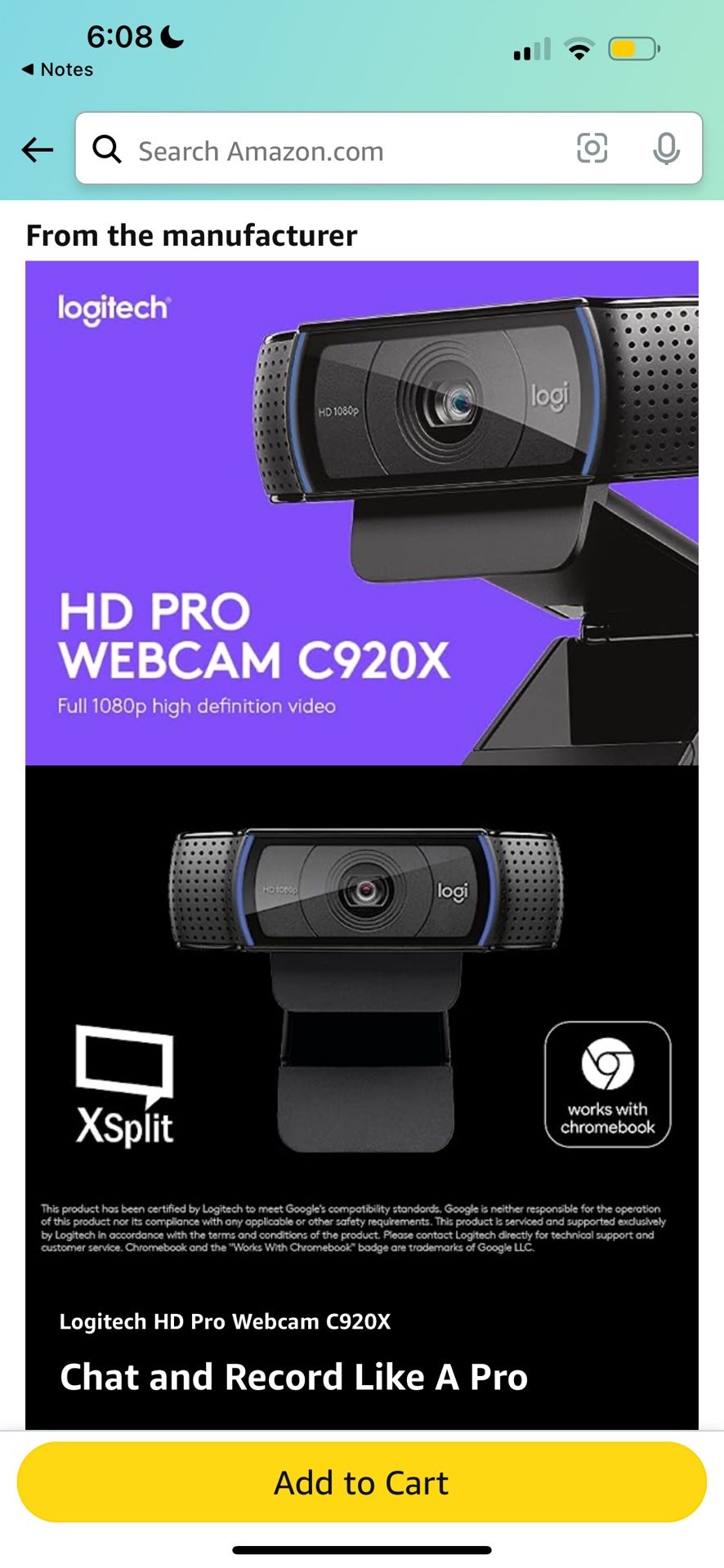Logitech C920x HD Pro Webcam, Full HD 1080p/30fps Video Calling