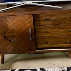 Mid-Century-Style Credenza TV Stand Table Entry Table Storage Organizer Shelving Drawers Brown Woodgrain