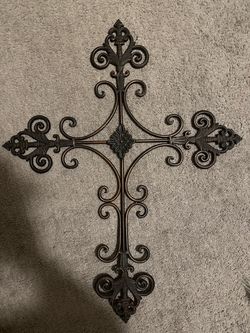 Vintage Ornate heavy large Metal Fleur-de-Lis Wall Cross