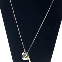 Chicos-  Long Silver tone necklace with 3 ‘charms’. The ring charm is removable & functional about size 7.  33” + 4” extender.