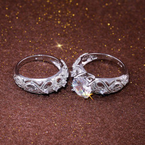 "Luxury Vintage Silver Flower Engagement/Wedding Ring Set for Couple, VIP275