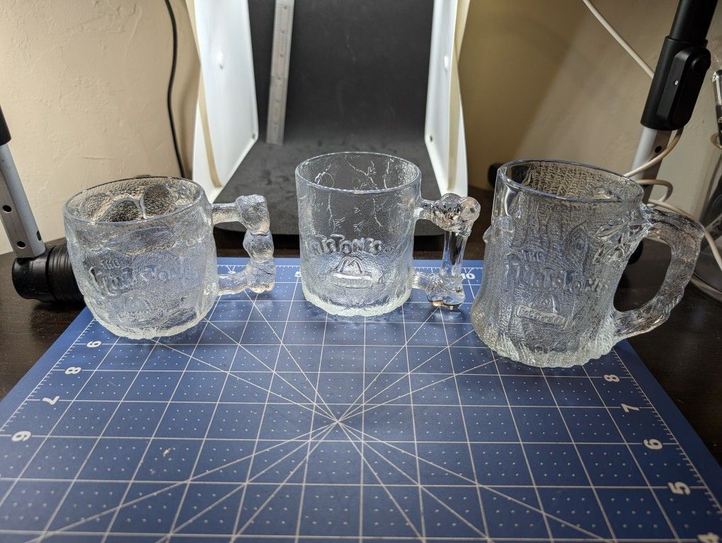 Set of 3 Vintage 1993 McDonalds Flintstones Glass Mug Cups INCOMPLETE