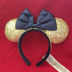 New Disney World 50th Anniversary Gold Navy Sequin Minnie Mouse Ear Headband