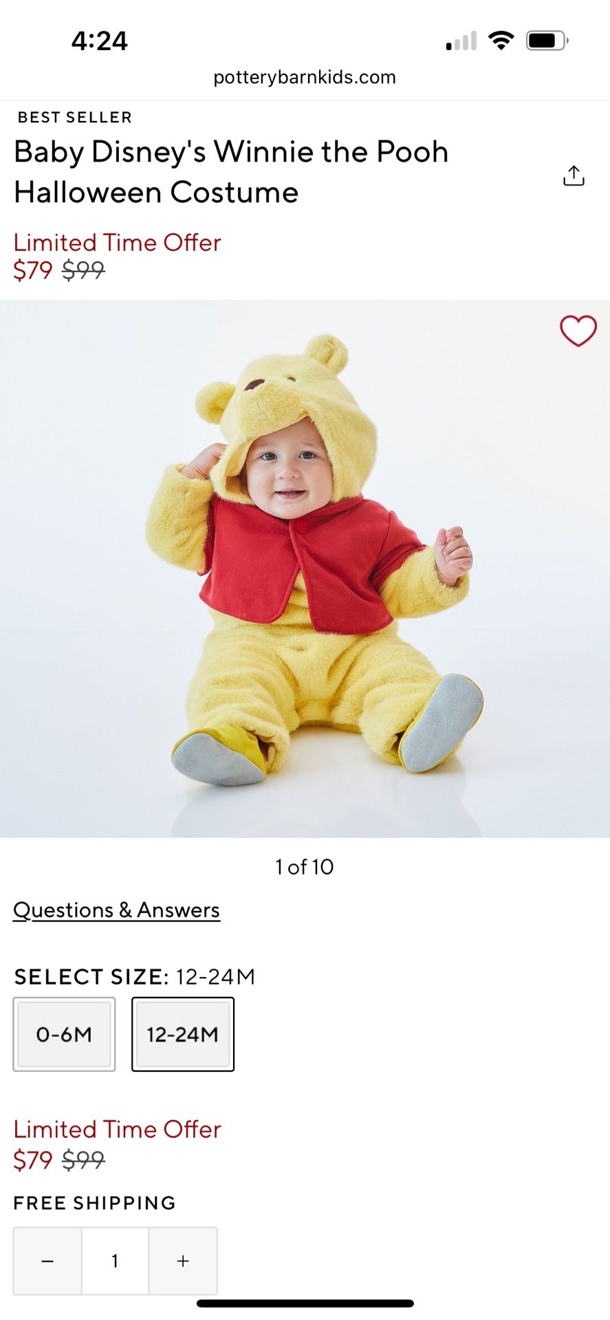 Pottery Barn Baby Disney's Winnie the Pooh Halloween Costume PBK