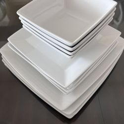 Home, Set Of 12 White Porcelain Square Plates: Dinner / Salad Dishes / Bowls