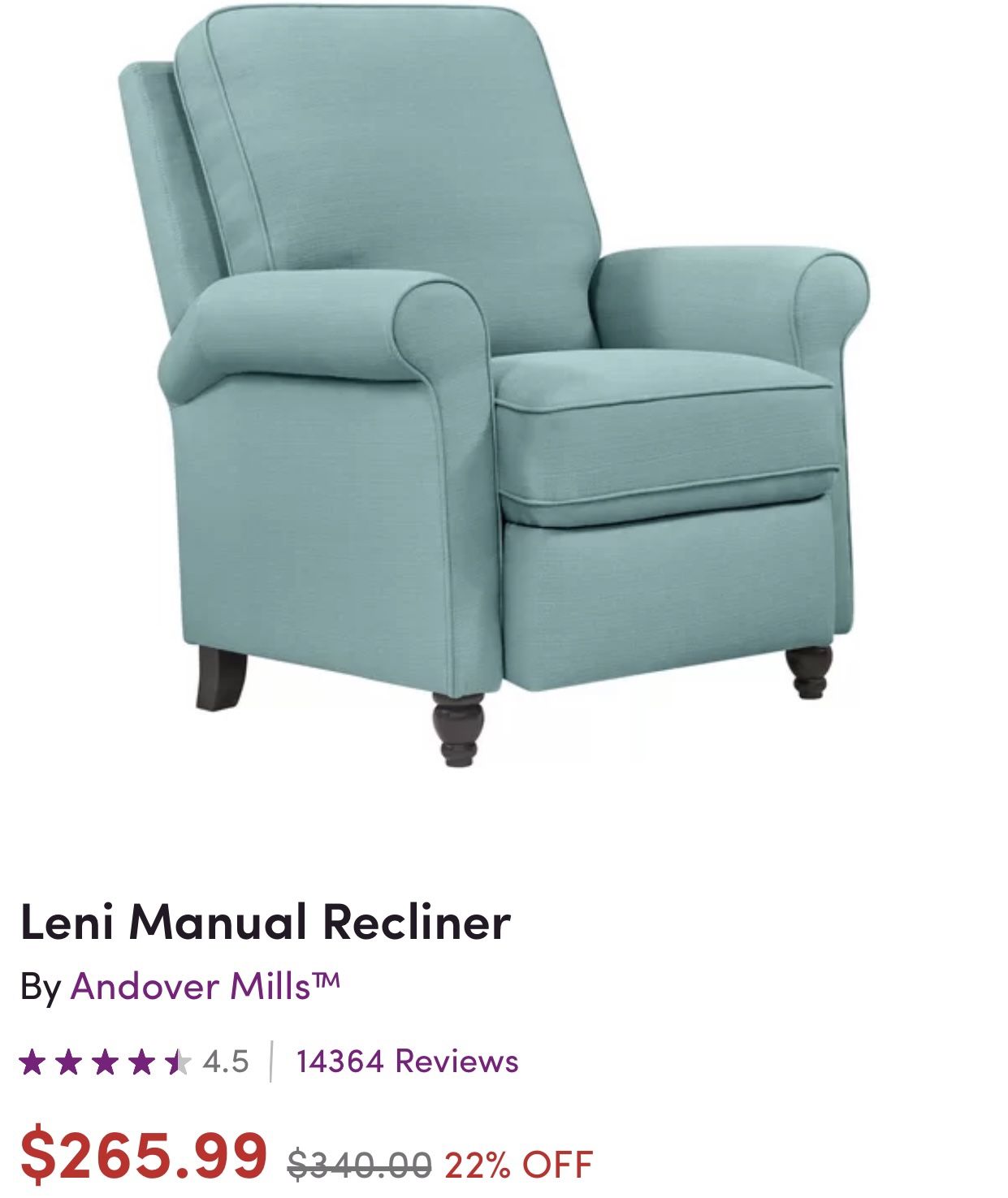 Leni Manual Recliner in sky blue polyester. 41.5 H x 33.5 W x 36