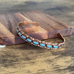 Copper Cuff Bracelet With Turquoise Style Stones - Adjustable- Southwestern Look