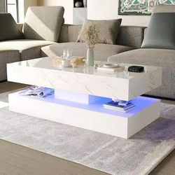LED Coffee Table with 2 Storage Drawers, Modern High Gloss Black Coffee Table w/20 Colors LED Lights & APP Control, Rect - White $120