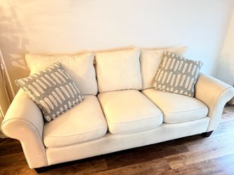 Cream Fabric 3-Seat Sofa with Throw Pillows