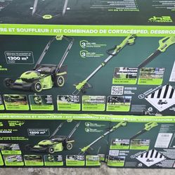 NEW GREENWORKS 24V SELF PROPELLED MOWER WITH WEEDEATER AND BLOWER COMES WITH 3 BATTERIES AND DOUBLE CHARGER 300$