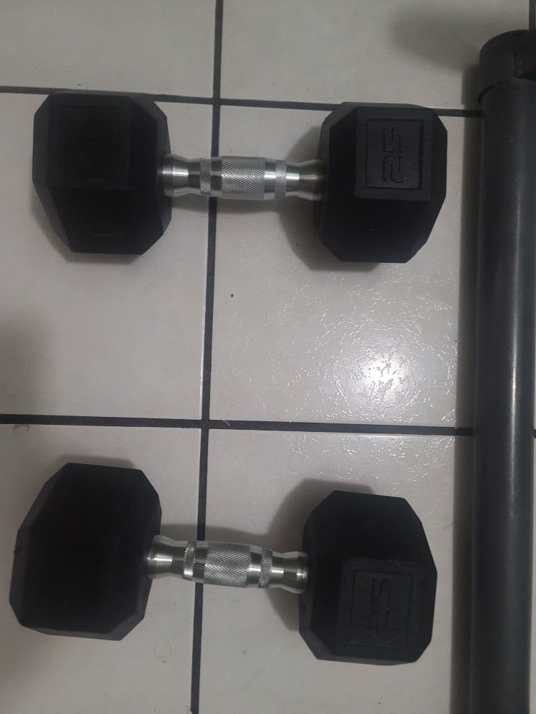 25 Lb Dumbbell Set w/ Coated Rubber Hex Weights