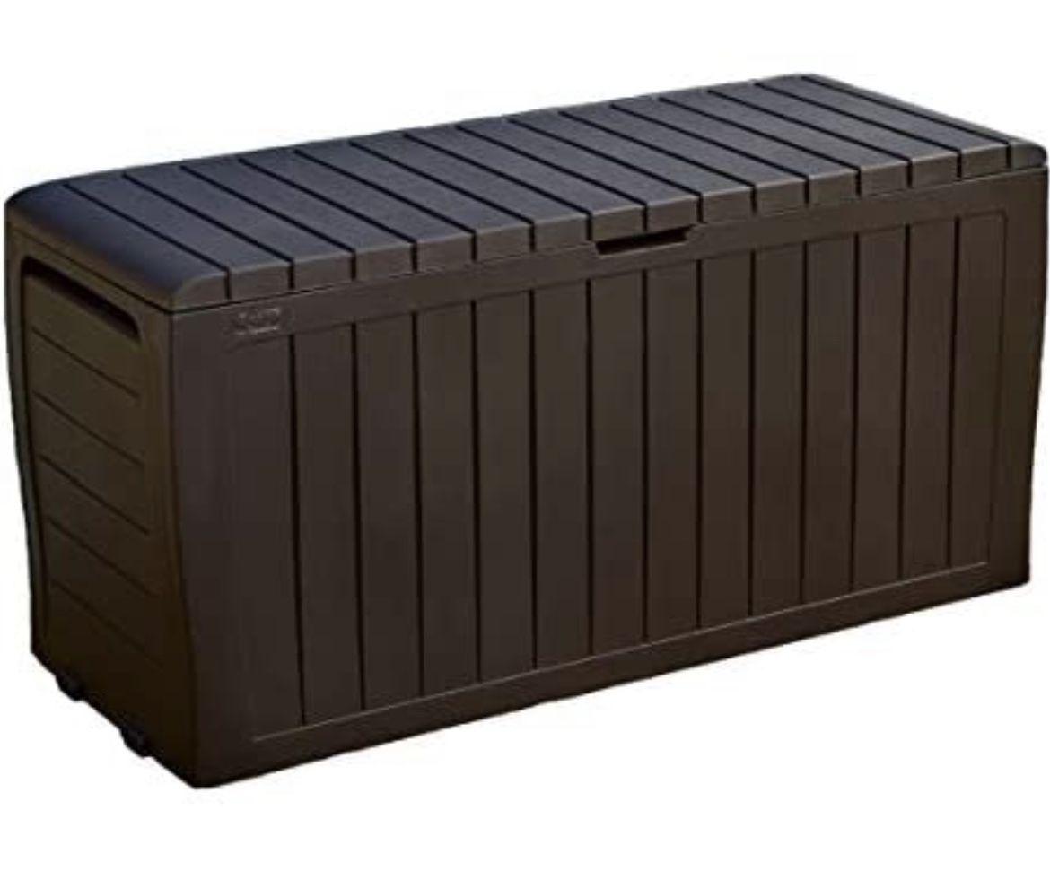 (Brand New!) Keter Marvel Plus 71 Gallon Resin Outdoor Storage Box for Patio Furniture Cushion Storage, Brown
