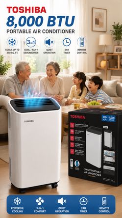 ⭐ Premium Toshiba Cooling  NEW 8,000 BTU Portable Air Conditioner  ❄ Covers up to 350 Sq. Ft.  📱 Smart Wi-Fi Control  🎤 Works with Alexa & Google As