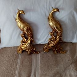 SYROCO  Statue Pair 1950s Wood Peacock Painted Gold