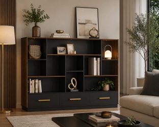 Bookcase with 3 Drawers and 12 Open Cubes, Black Walnut Wood Horizontal Bookshelf with Large Open Shelf Storage Cabinet, Display Shelving for Home Off