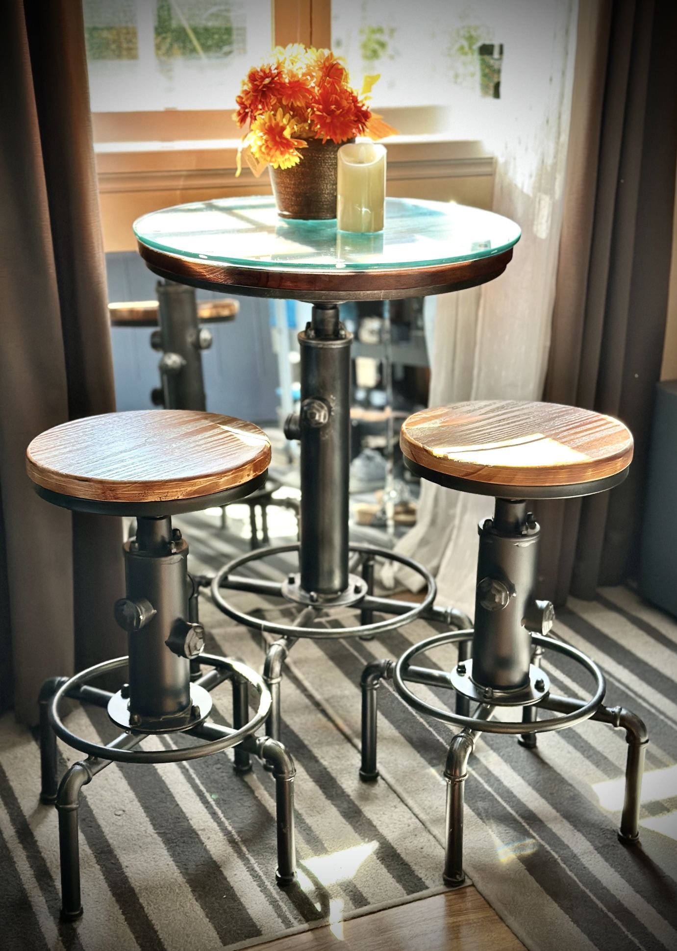 Like New Steampunk Industrial Adjustable Height Bistro Table With 2 Stools And Protective Glass Top For Table