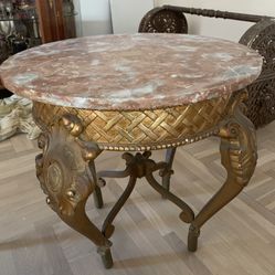 Antique Round Side Table With Marble To, Gold Leaf With Carvings