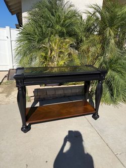 Refinished Ashley Furniture Black & Warm Wood Console / Entryway Table w/ Glass Inlay