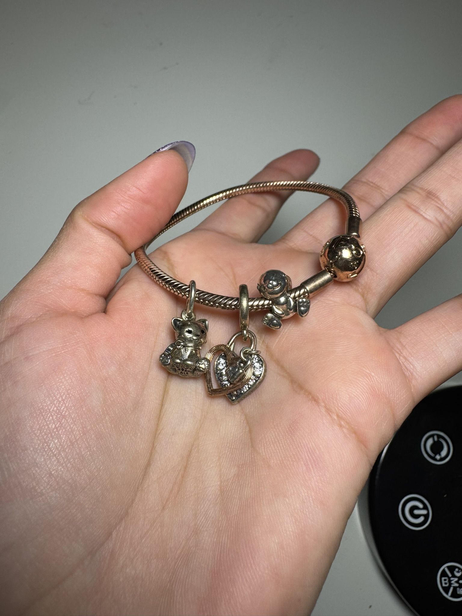 Pandora Rose Gold Bracelet With 3 Charms: Hearts, Bunny And Cat