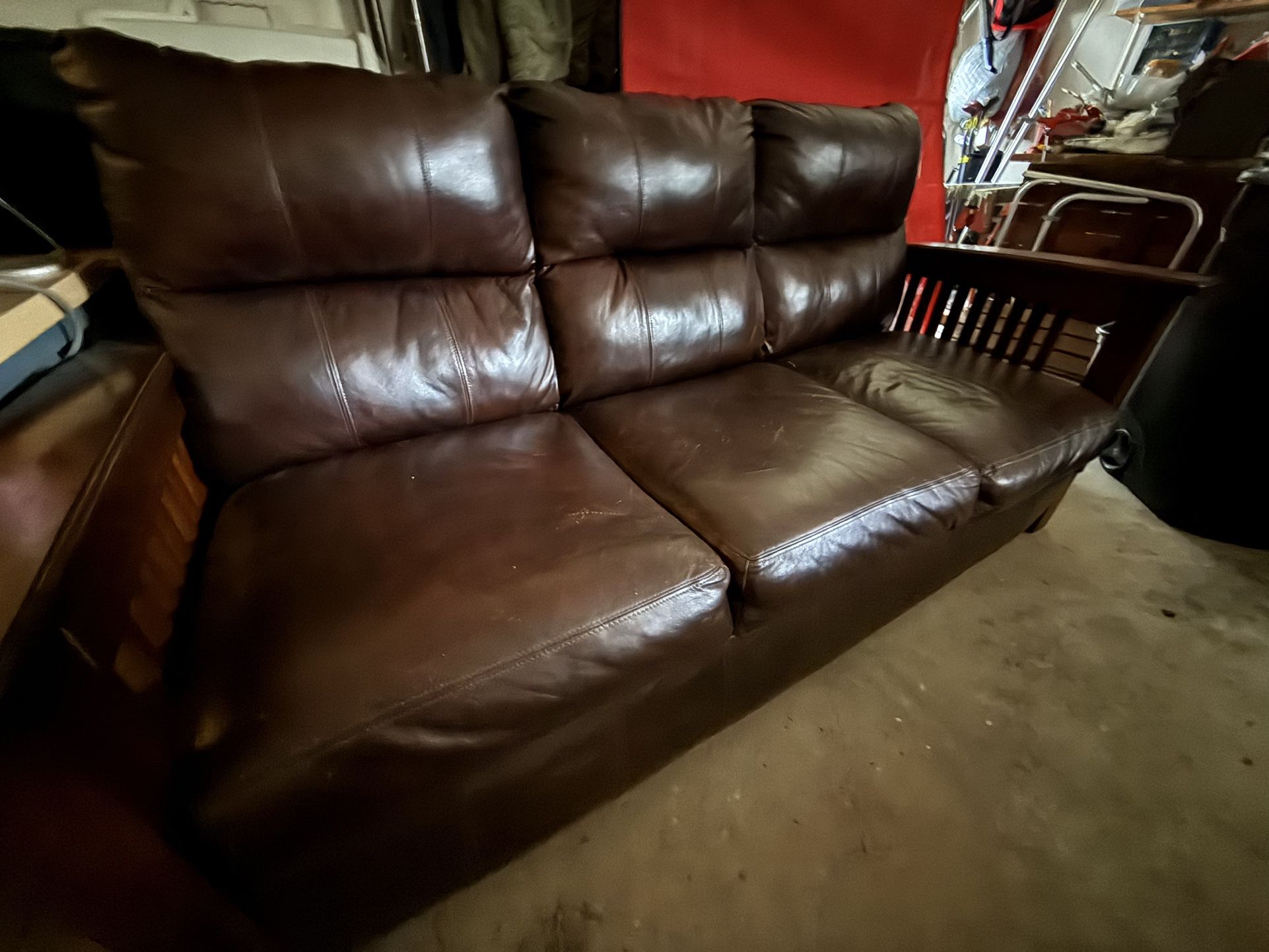 Leather Couch Wood Arms