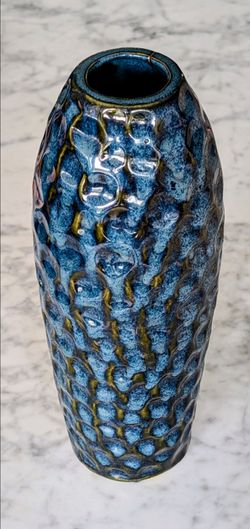 Dark Navy Blue Textured Thumbprint Large Flower Ceramic Glazed Vase 11.5” Tall