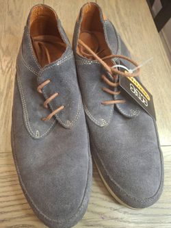 men's size 10 gray/blue suede derby/oxford shoes with brown heel brown laces dress work casual
