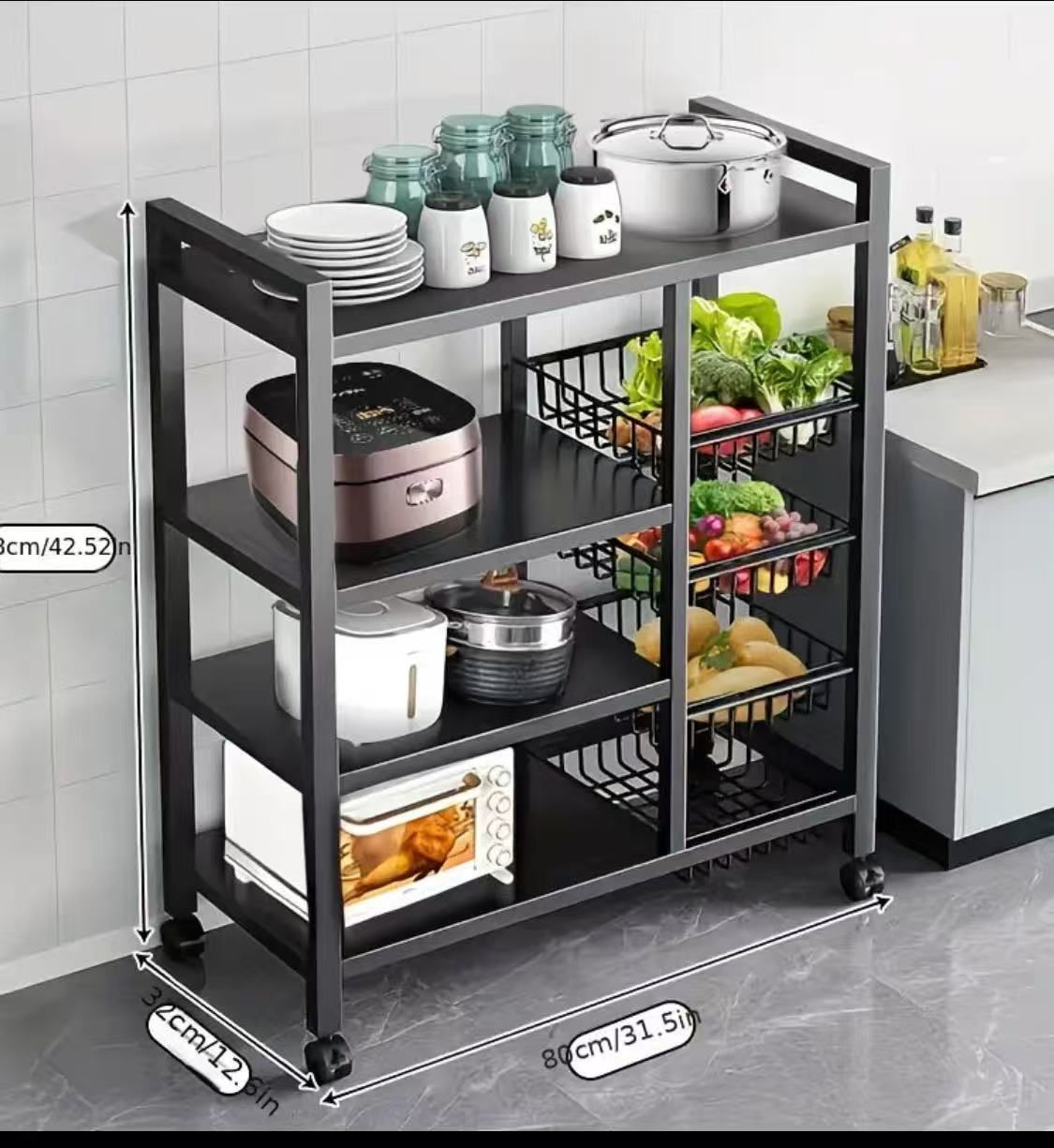 New! Movable Storage Rack, Adjustable 4-storey Kitchen Shelf with 3 Wire Baskets, Kitchen Organizer And Storage, Metal Shelf Rack with Wheels, Suitabl