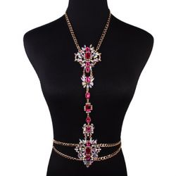 New! Hot Pink Crystal Gold  Necklace Body Chain