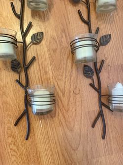 New! Set of 2 Botanical Branch Wall Candle Sconces – Metal Leaves & Glass Votives