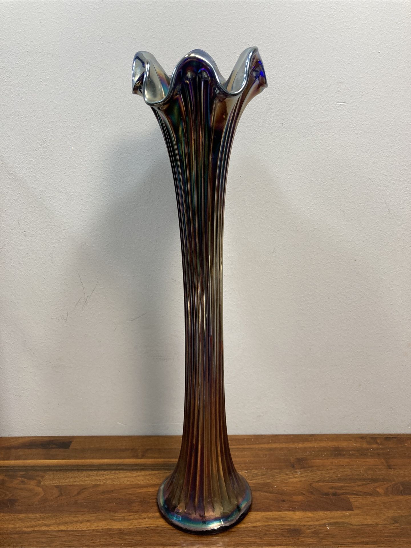 Fenton Cobalt Blue Ribbed Iridescent, Carnival Glass Swung Vase 17”