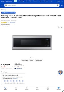 Samsung slim over the range Microwave with hood ventilation. New Open Box $275.00