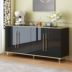 63" Sideboard Buffet Cabinet with Storage, Console Cabinets with Adjustable Shelves & Doors, High Glossy Black and Gold Sideboards for Living Room Kit