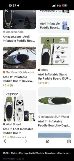 ATOLI NEW INFLATABLE PADDLEBOARD OUT OF THE BOX. ALSO INCLUDES ACCESSORIES NEGOTIABLE MAKE ME AN OFFER WORKS GREAT GREAT FOR SUMMERTIME FUN.!!