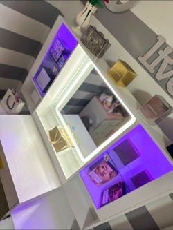 White Vanity Desk with LED Mirror and Drawers