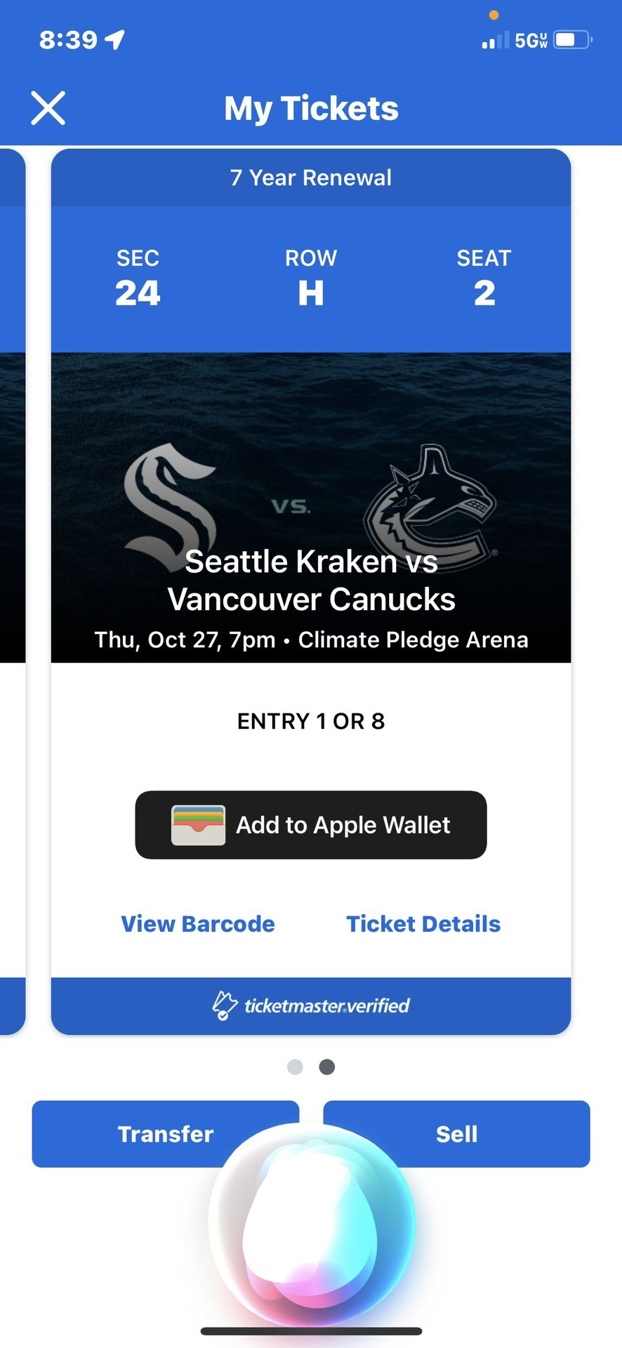 Kraken Vs Canucks 10/27, 2 Seats Section 24 , Row H