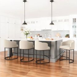 Set of 4 Counter Height Bar Stools ,Linen Fabric Upholstered Accent Barstools for Kitchen Island, Beige