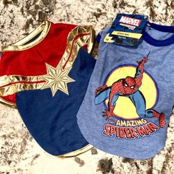 NEW 2 Marvel Brand Dog Shirts: Spiderman and Avengers Captain Marvel