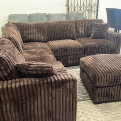 New 99x99 Brown Corduroy Sectional Couch With Ottoman / Free Delivery 