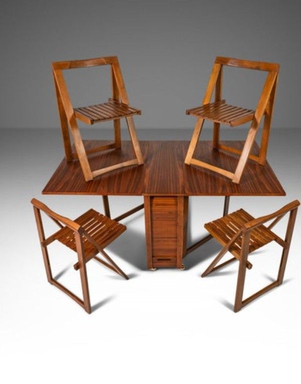 Vintage Mid Century Teak Drop Leaf Table Set With Four Folding