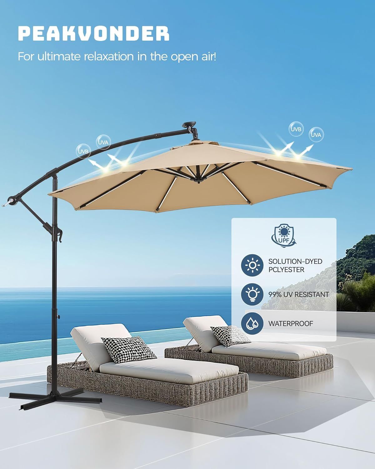 10ft Offset Patio Umbrella, Large Cantilever Umbrella Outdoor Patio with Solar Lights, Dual Charging