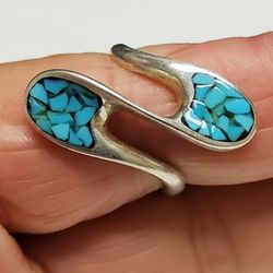 Native American Southwestern Turquoise Chips Inlay 925 Sterling Silver Ring 