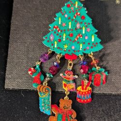 VINTAGE BROOCH CHRISTMAS TREE STOCKING SPARKLE GEMS RARE COOKIE LEE
