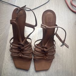 Schutz Brown Leather Strappy Heels Square Toe Size 9 Designer Sandals