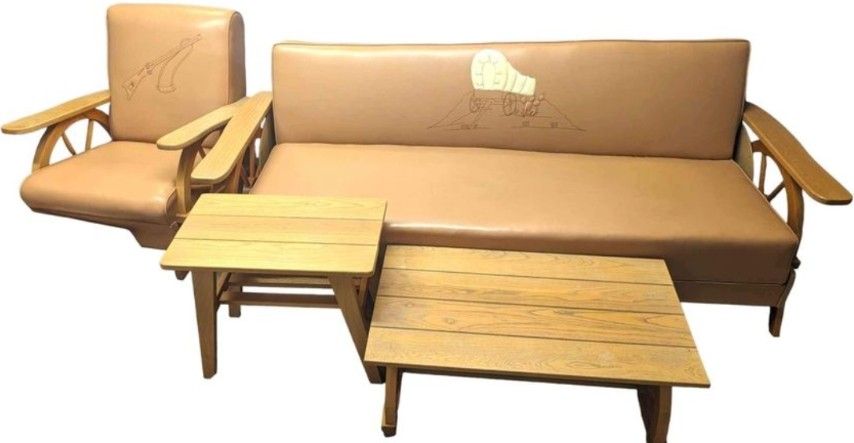 1950s Wagon Wheel furniture set: sofa sleeper, rocking chair, coffee & end tables - LIKE NEW!