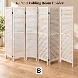 6-Panel Folding Room Divider – Distressed White Wood Louvered Privacy Screen