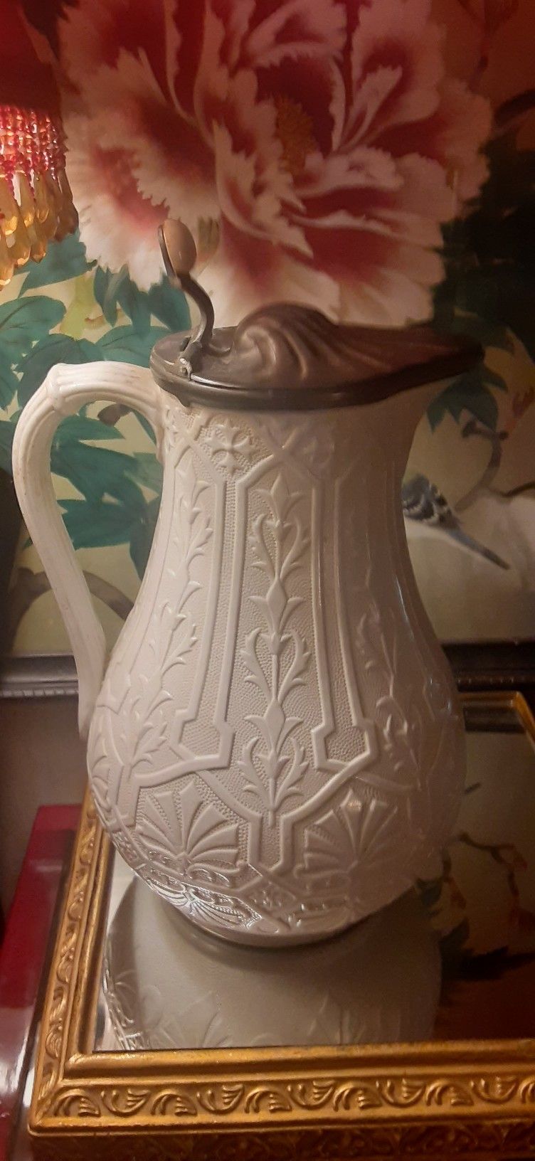 c1868 Antique VICTORIAN SALT GLAZED IRONSTONE & PEWTER PITCHER Samual Alcock 8"