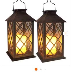 14 in. Antique Copper Garden Hanging Solar Lantern, Waterproof LED Flickering Flameless Candle Lantern Lights (2-Pack)