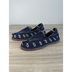 Handmade Kurdish Espadrilles Navy Blue Woven White Leather Slip-On Shoes Artisan