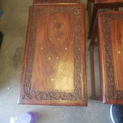 Set Of Four Wooden  Tables With  Brass Inlaid